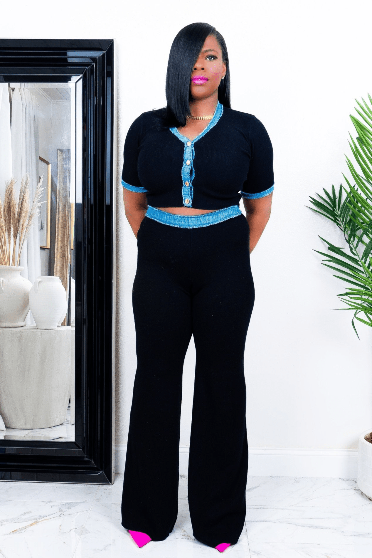 Black two-piece set with wide-leg pants and V-neck button-up sweater top with blue trim – stylish outfit from Opulent Gurlz