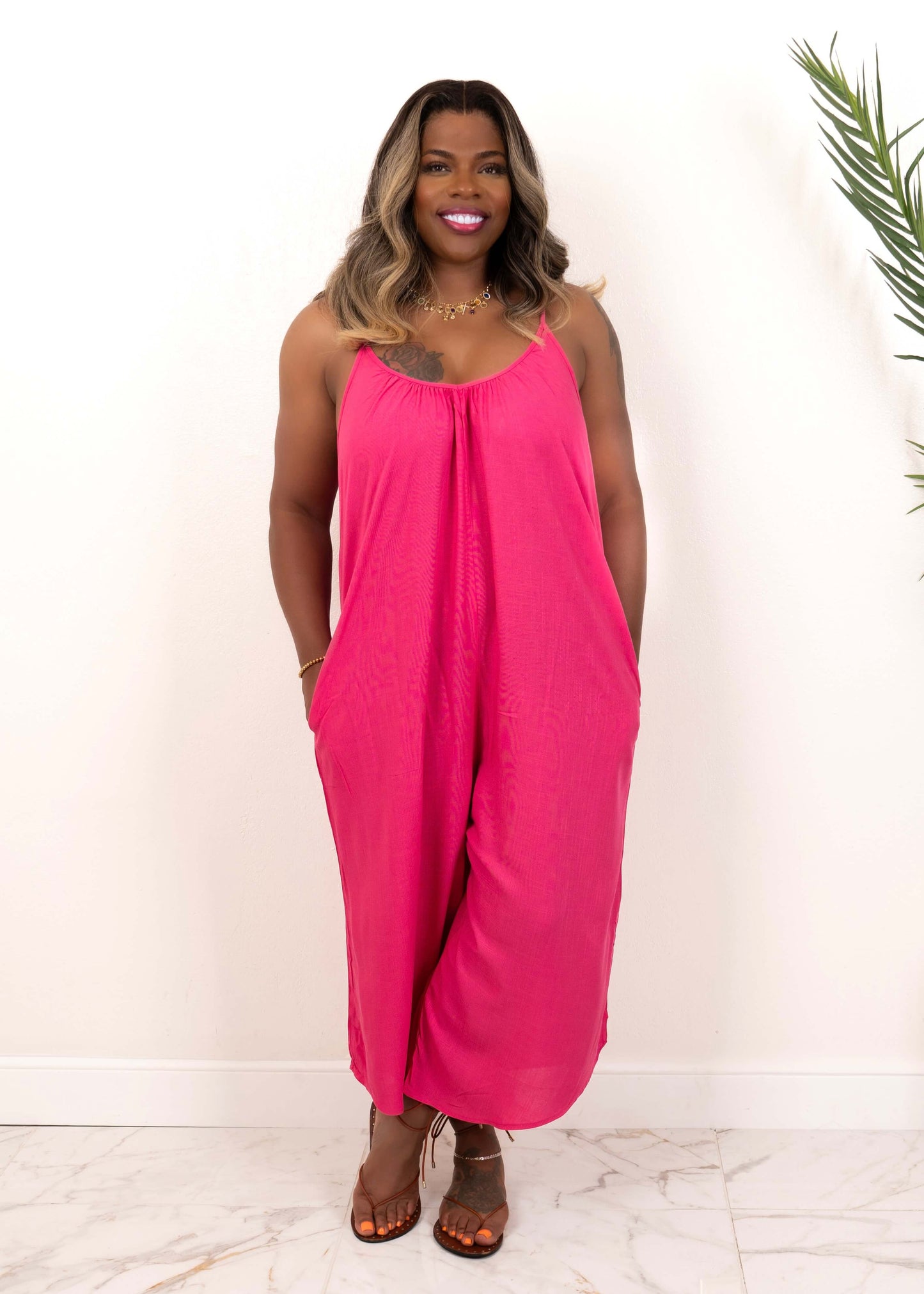 hot pink wide leg jumpsuit with spaghetti straps and pockets – Opulent Gurlz