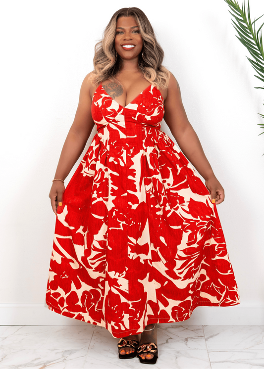 Front view of red floral maxi dress on curvy model – bold summer vacation dress  from Opulent Gurlz