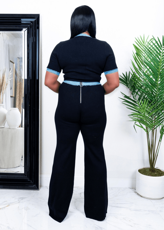 Back view of  wearing black wide-leg pants with fitted short-sleeve top from Opulent Gurlz – tall girl friendly stretch two-piece set
