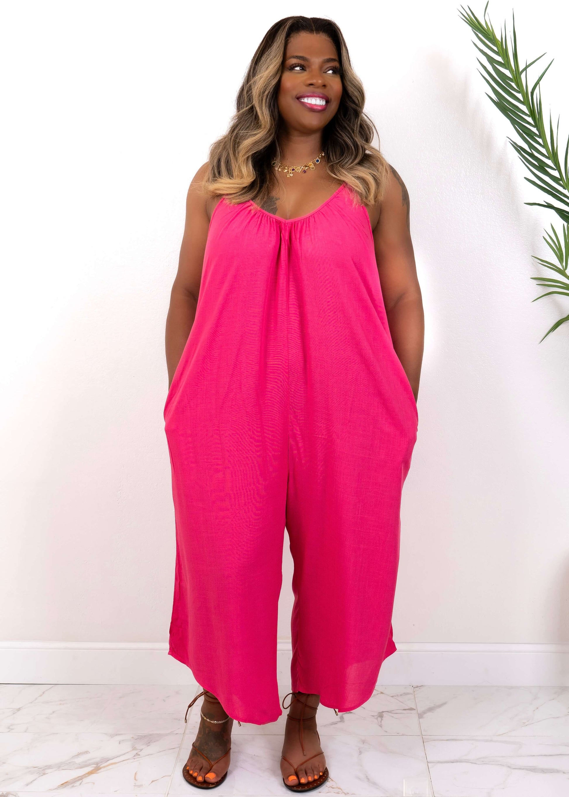 flowy hot pink cropped jumpsuit side angle with sandals – Opulent Gurlz
