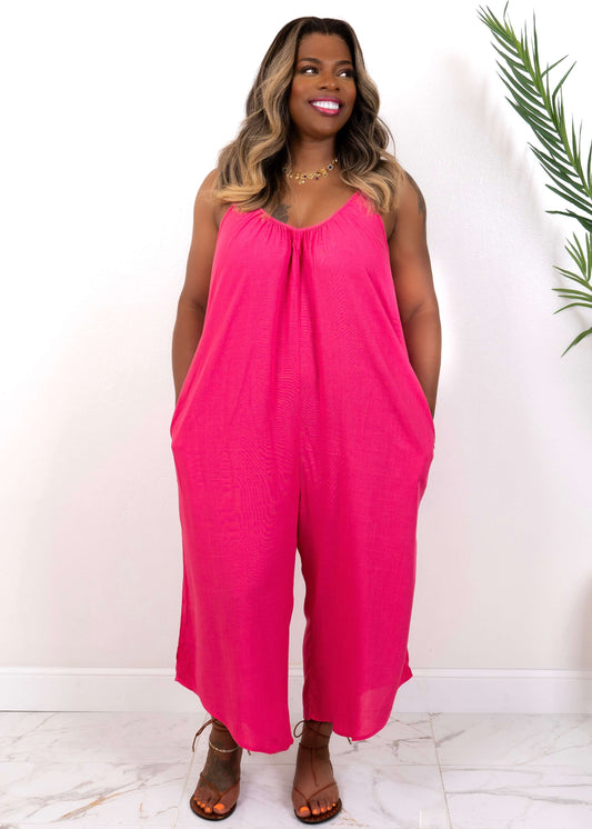 flowy hot pink cropped jumpsuit side angle with sandals – Opulent Gurlz
