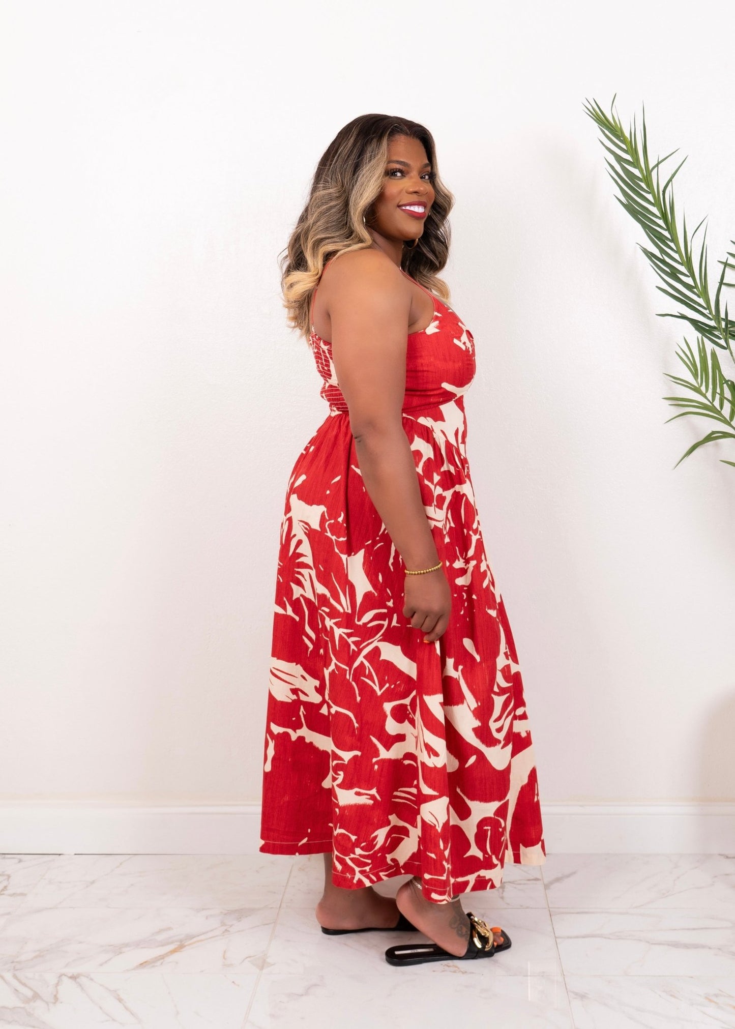 Side view of red and white floral maxi dress for curvy women – tropical vacation dress  style from Opulent Gurlz
