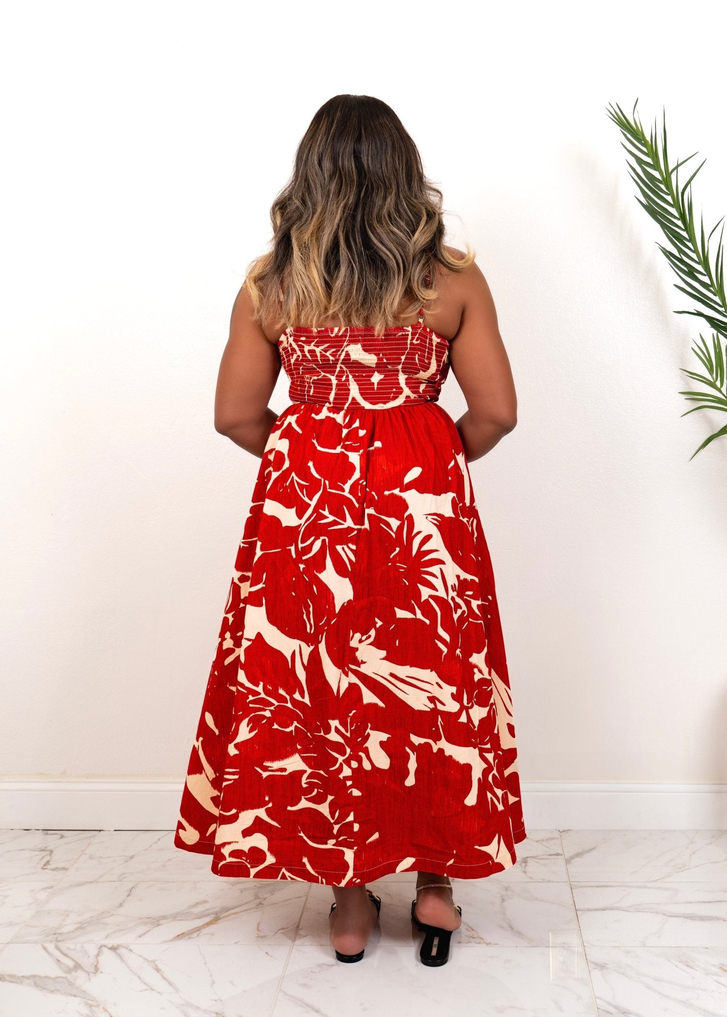 Back view of red floral maxi dress for curvy women – flowy summer resort  vacation dress  from Opulent Gurlz