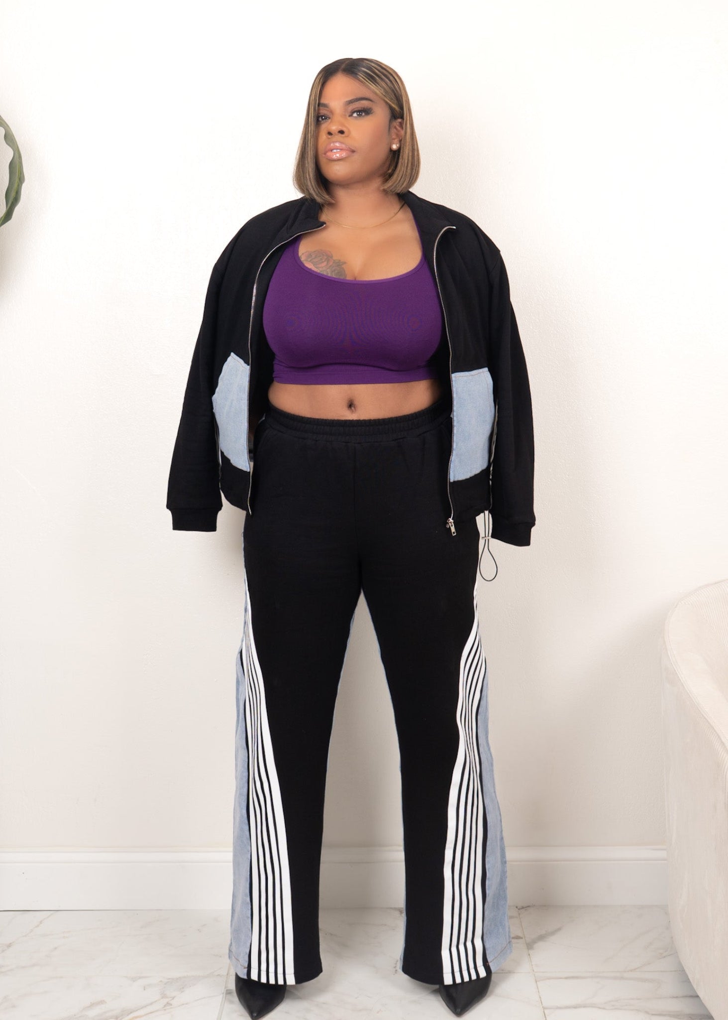 Midnight Motion Contrast Track Set | Cropped Jacket & Wide-Leg