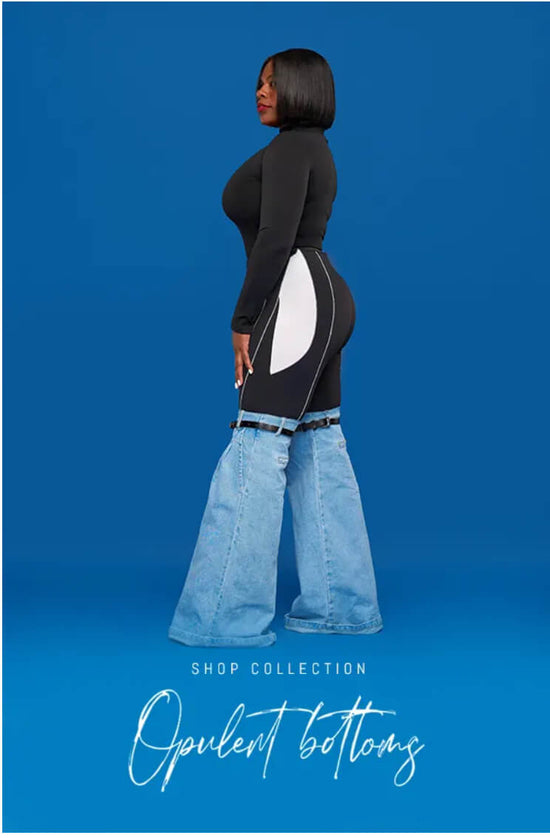 Opulent Gurlz bottoms collection banner – denim chaps layered over black and white bodysuit on blue background in script font

