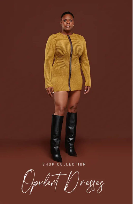 Opulent Dresses collection banner by Opulent Gurlz – mustard knit zip sweater dress with black boots on brown background in cursive font
