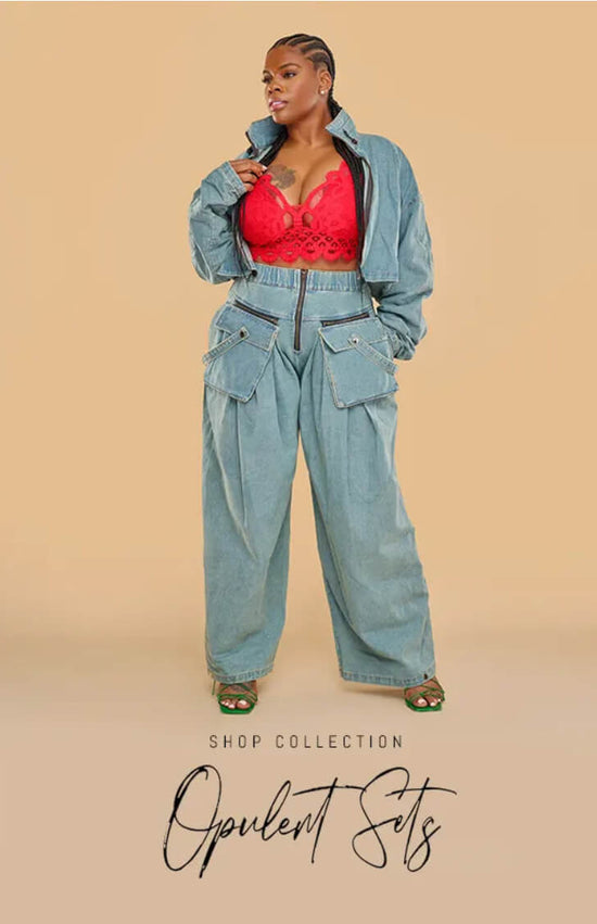 Denim utility set with red lace bralette – Opulent Sets collection banner in cursive font by Opulent Gurlz
